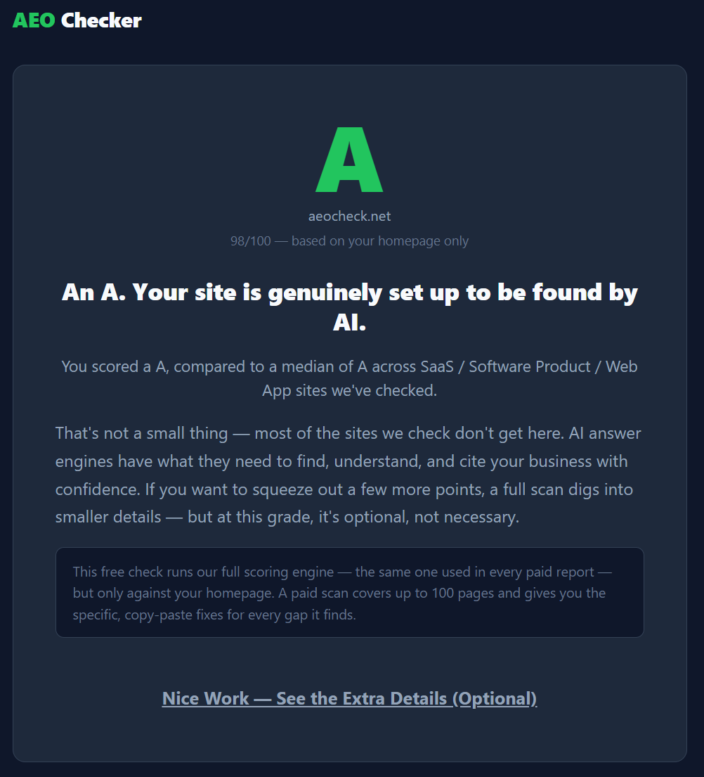 Free Grade Check result showing an A grade (98/100) for aeocheck.net, with a plain-English explanation and a link to see extra details