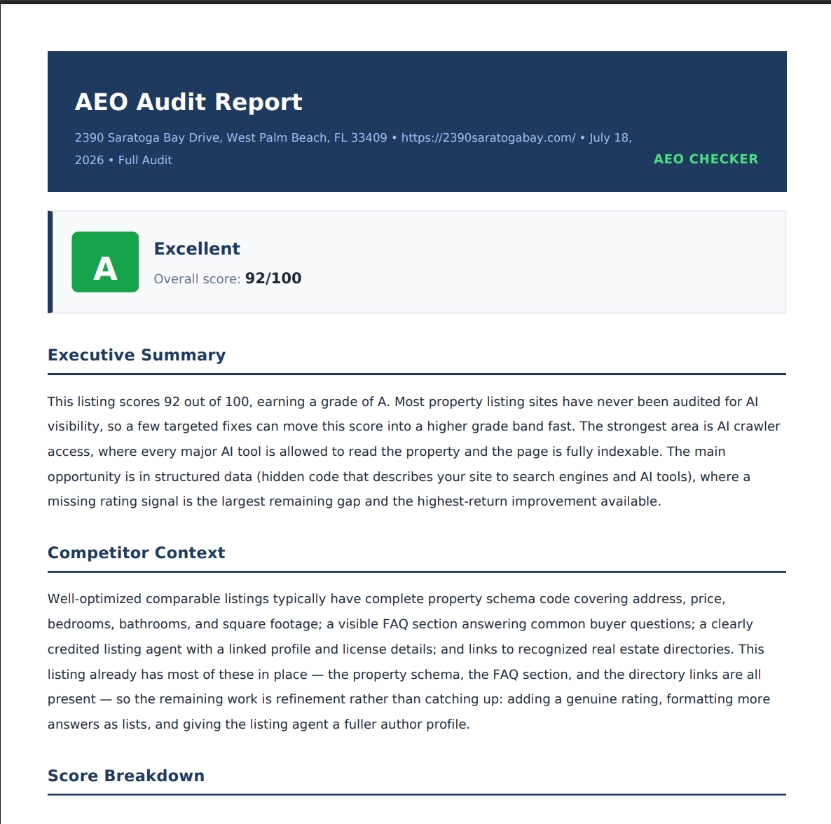 AEO Checker PDF report score summary page, showing module scores rolled into an overall grade
